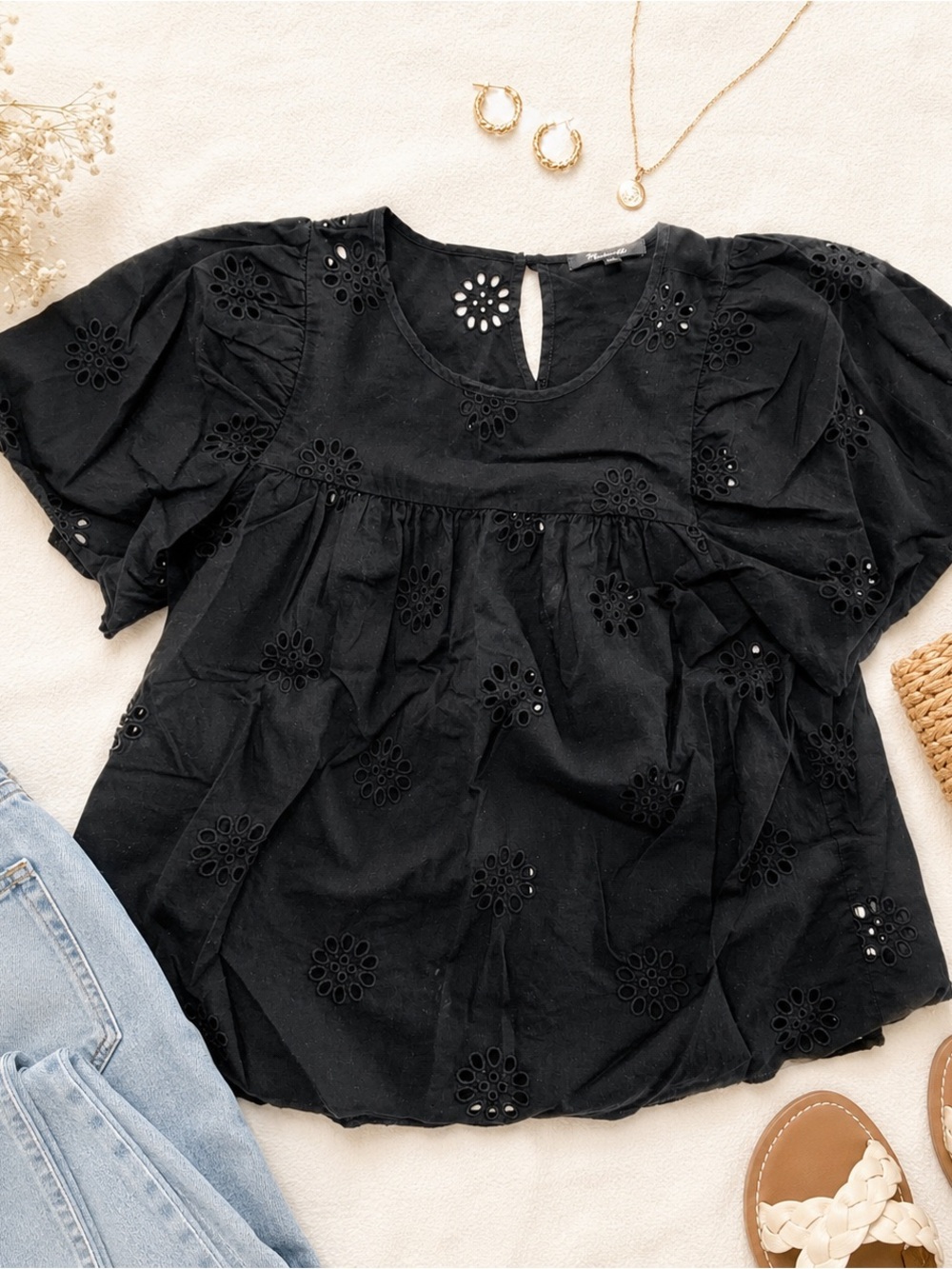 Madewell Black Eyelet Flutter-Sleeve Blouse - Kids